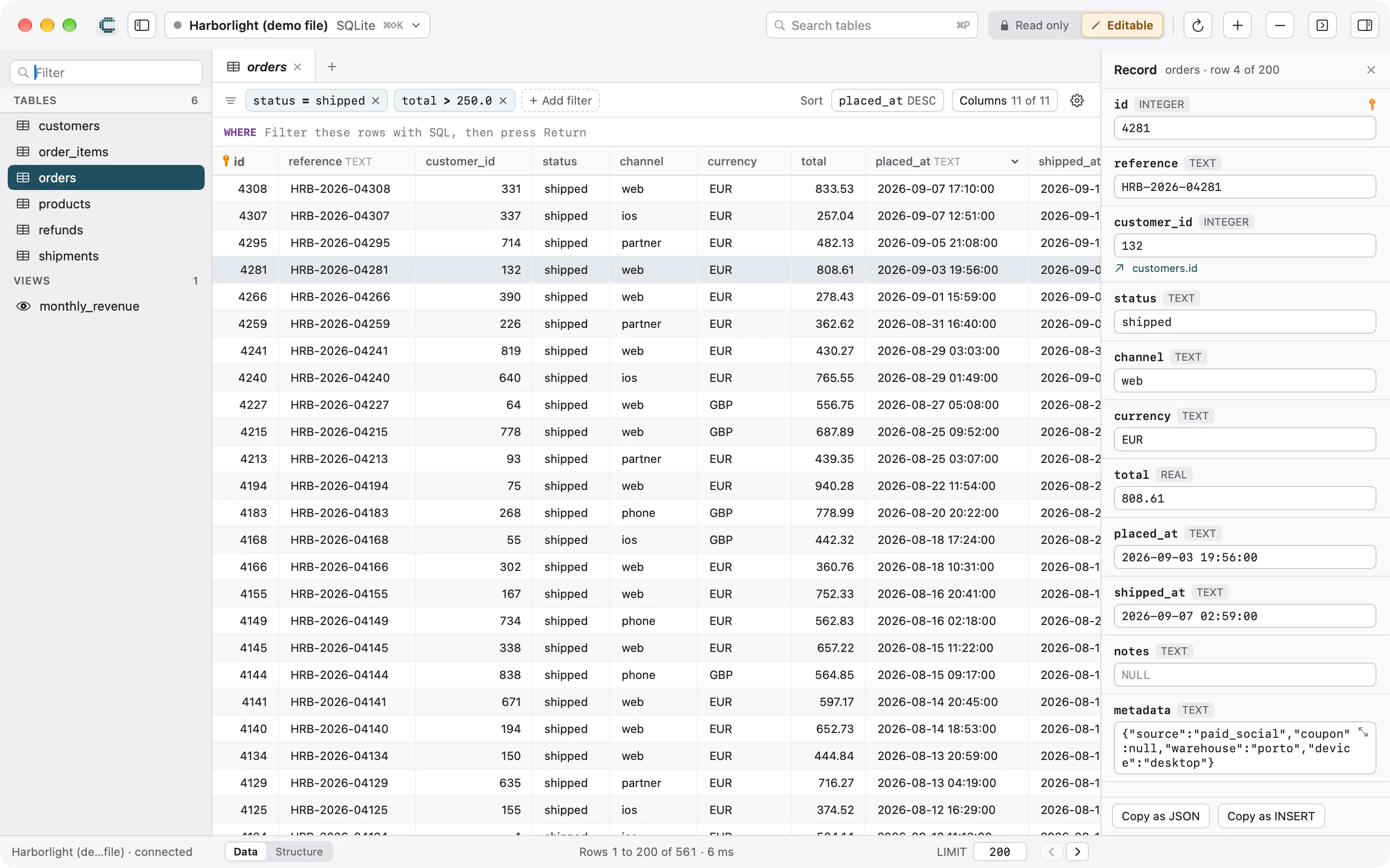 Cedvel browsing the rows of a database table
