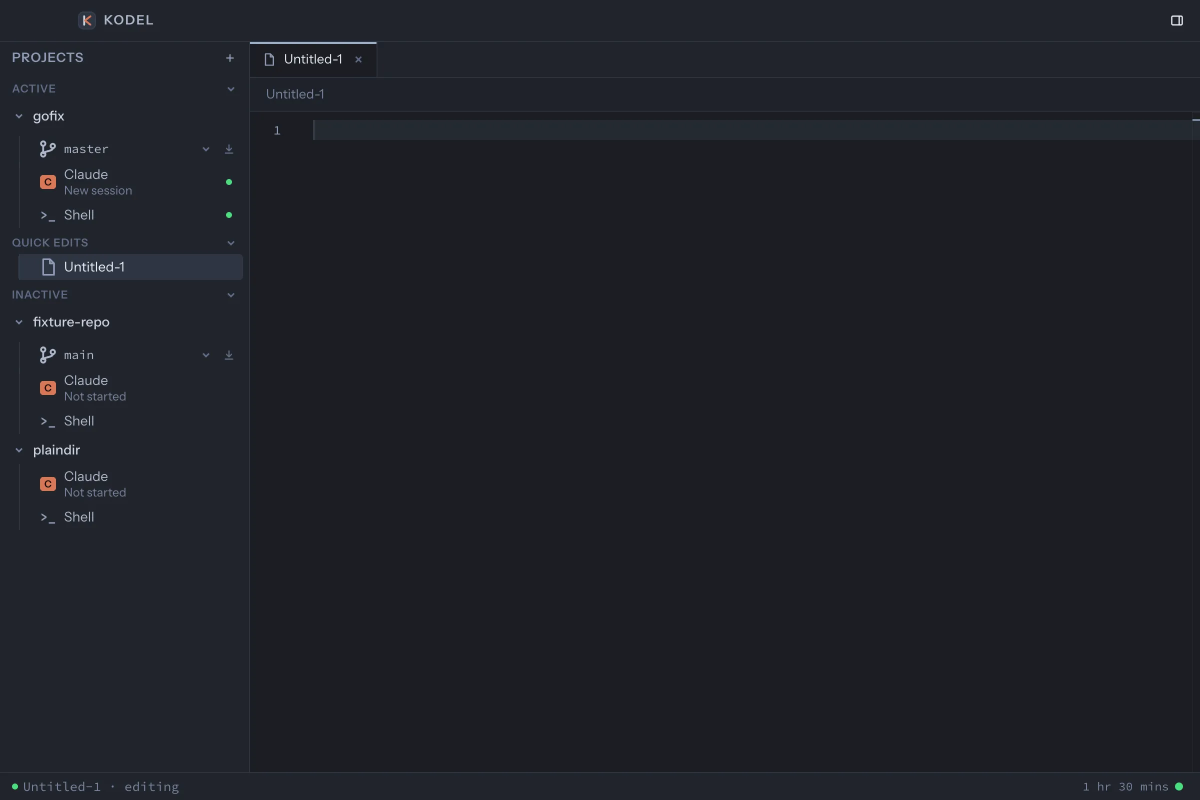 Kodel window with several projects in the sidebar